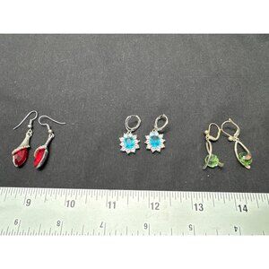 Set Of 3 Pairs Drop Dangle Earrings With Red Green & Blue Stones Silver Tone Ele
